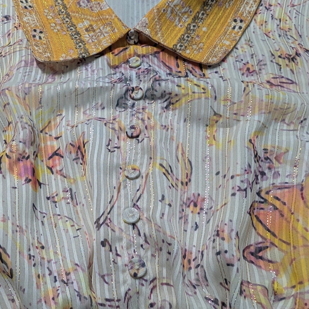 Rachel Zoe Floral Metallic Stripe Smocked Puff Sleeve Blouse Yellow Purple S - Picture 5 of 6
